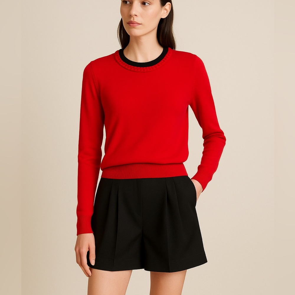 You You Red and Black Crew Neck Sweater Braided Neck. Med. Wool Blend